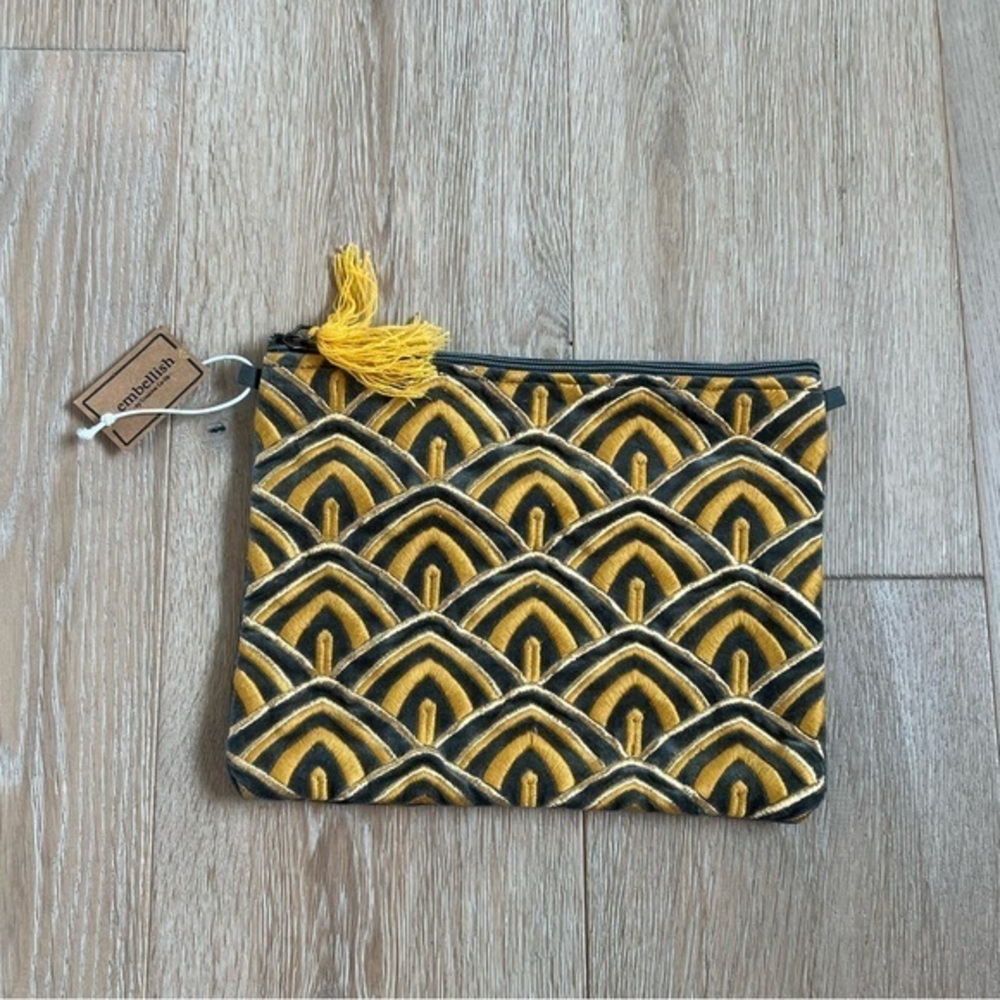 Vintage Style Yellow, Gold, And Grey Clutch Travel Pouch Geometric Art Deco NWT